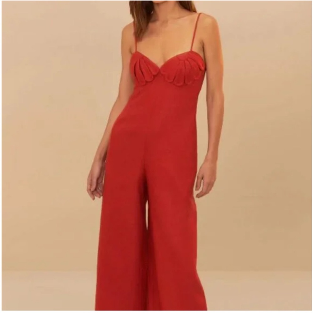 NWT FARM RIO Red Petals Bodice Euroflax Premium Linen Jumpsuit Size XS